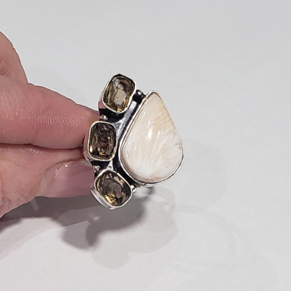 Scolecite ring, 925 silver Scolecite Smoky Topaz Gemstone RIng